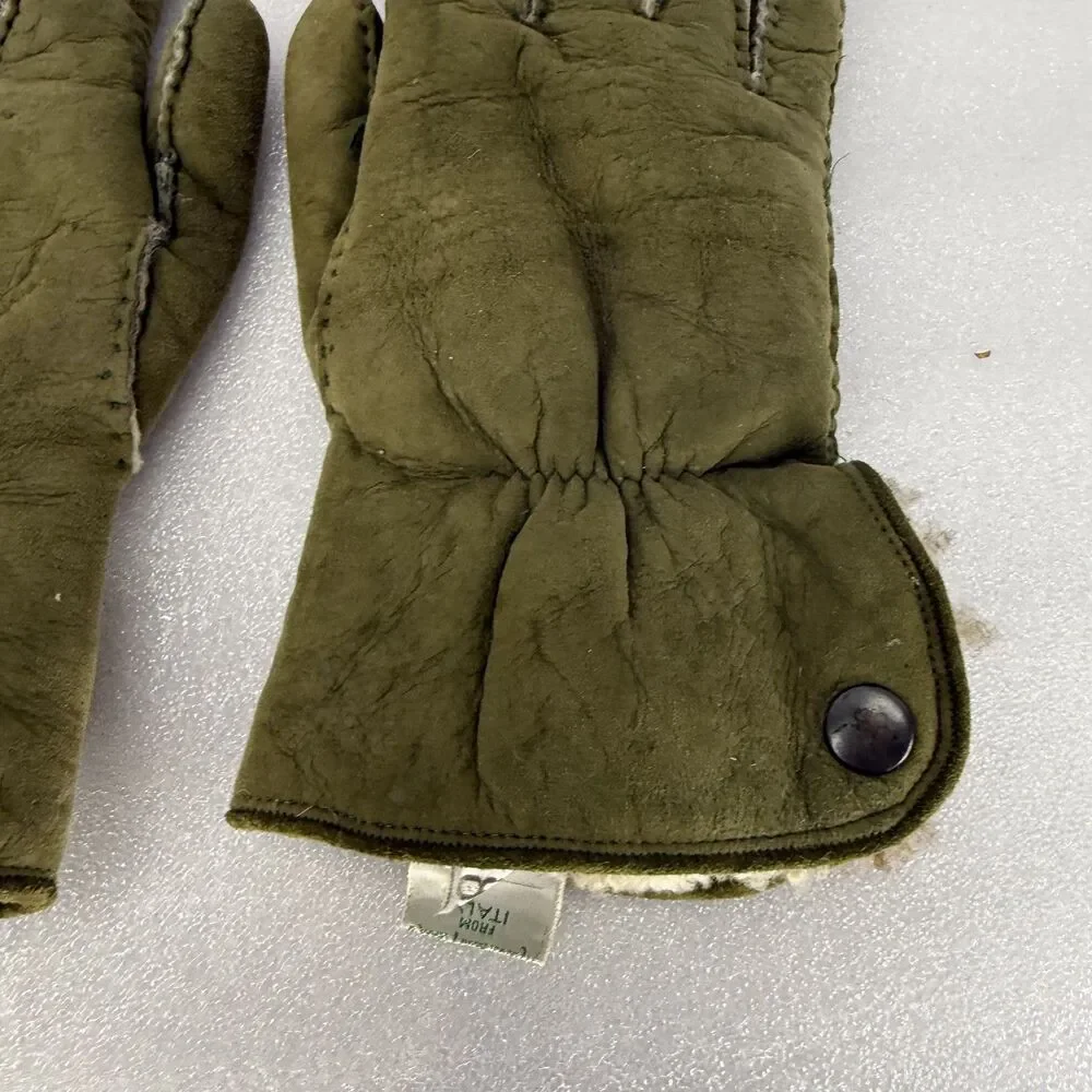 VTG Marshall Fields Gloves Mens 8.5 Green Suede Made In Italy Sherpa Lining Warm